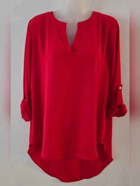 Cato Red Top 3/4 Rolltab Sleeves Lightweight Euc